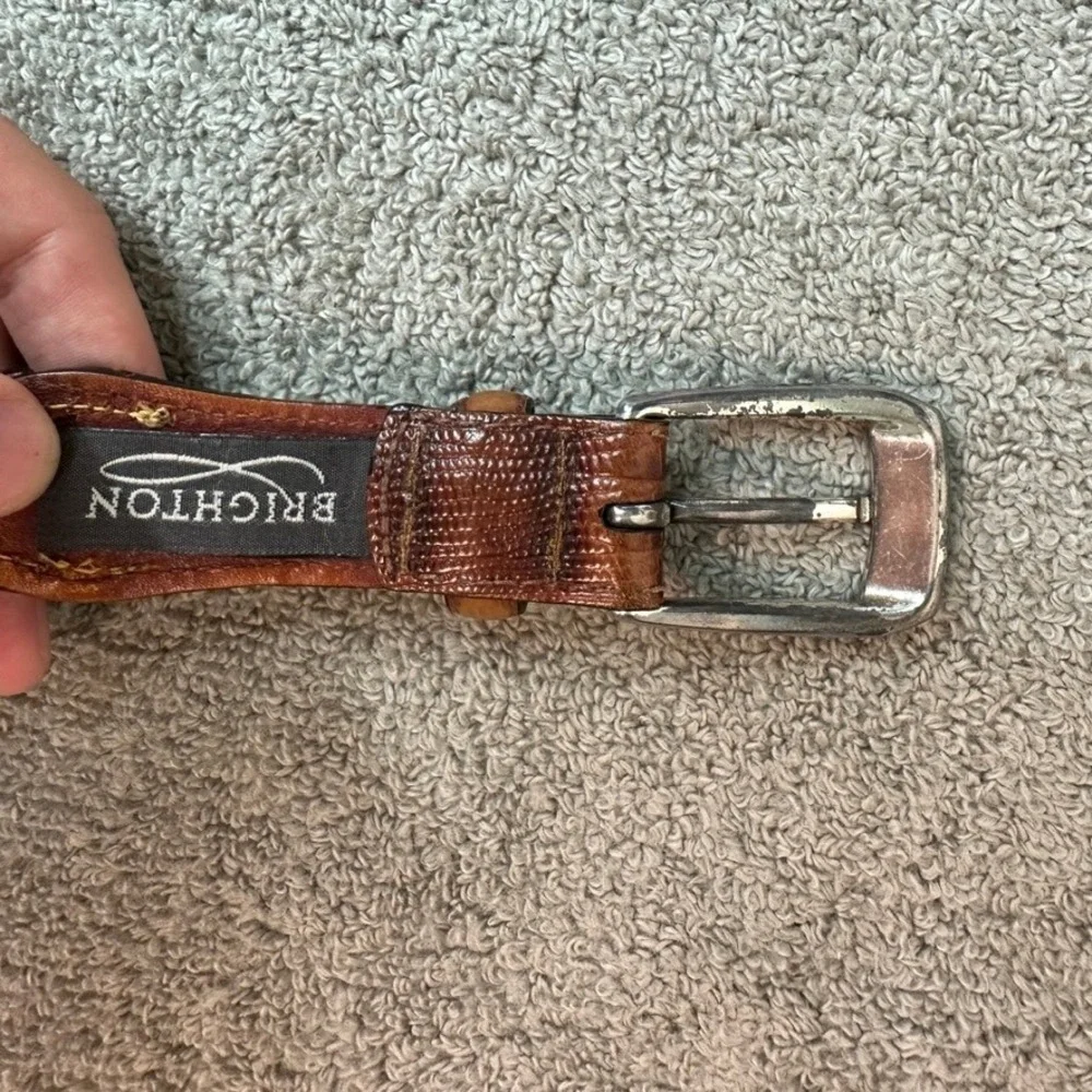 Brighton Mens Braided Woven Leather Belt Brown Black Lizard Embossed Trim 40